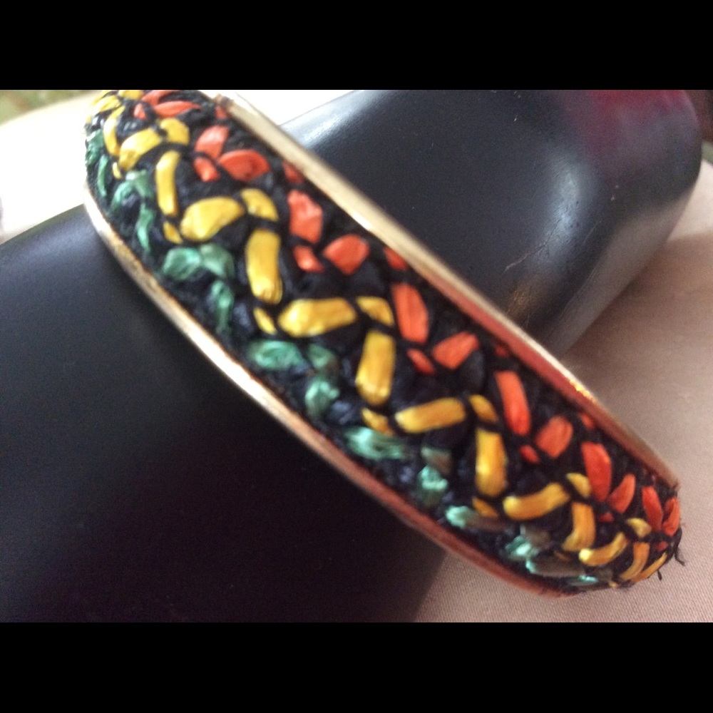 Vintage Retro Woven Straw Bangle Orange Aqua Yello